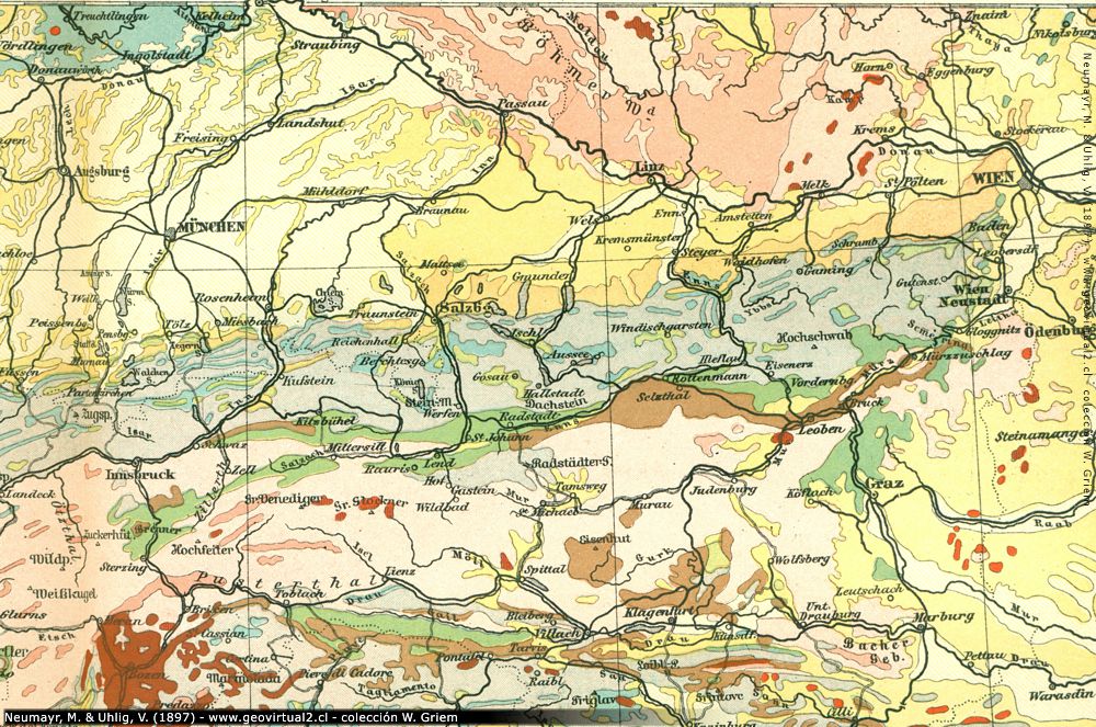 Geologische Karte, Bayern, nördliches Alpenvorland (Neumayr und Uhlig