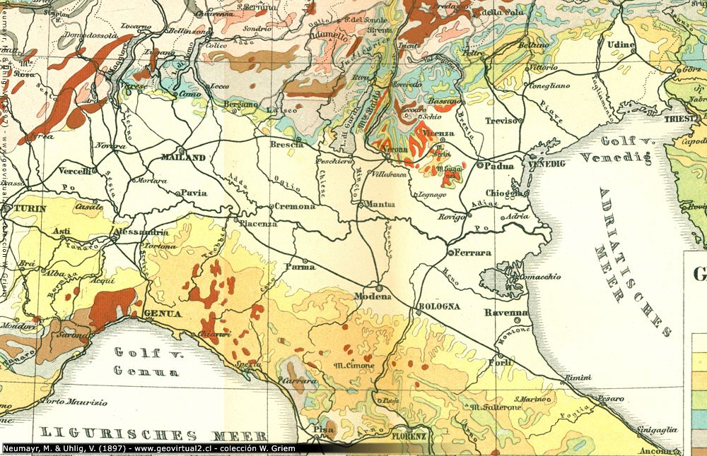 Geologische Karte Norditalien und Südalpen (Neumayr & Uhlig, 1897)