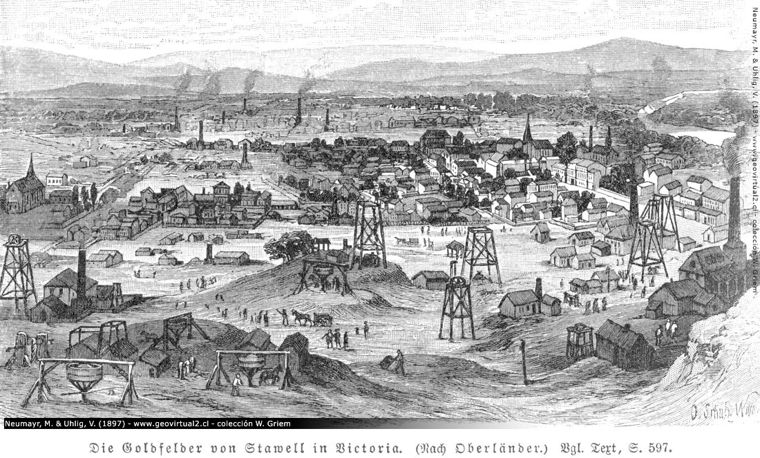 Depósitos de Oro en Stawell, Victoria, Australia (Neumayr & Uhlig, 1897)