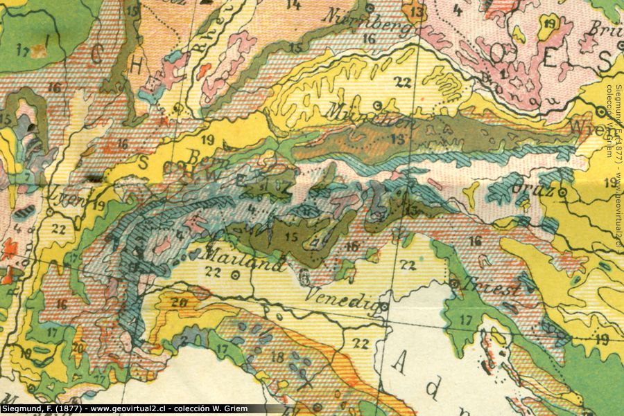 Geologische Karte der Alpen, Siegmund, 1877