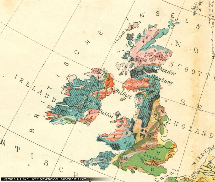 Geologische Karte von Irland und England - Siegmund, 1877