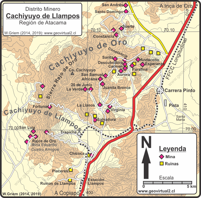 Karte des Bergbau Distriktes von Llampos in der Atacama Wüste, Chile