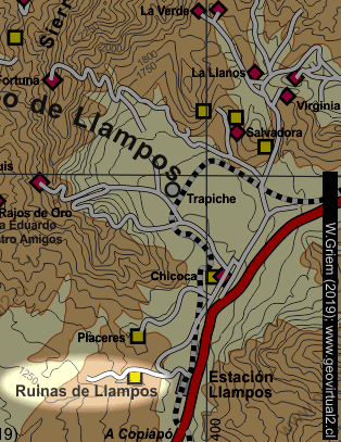 Mapa del sector ruinas de Llampos en Atacama, Chile