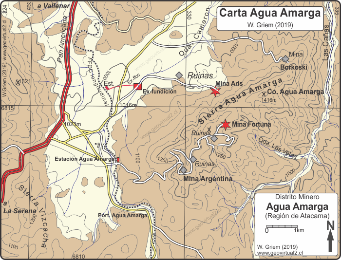 Mapa del distrito minero Agua Amarga en Atacama, Chile