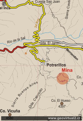 Karte der Lage von Potrerillos in Atacama, Chile