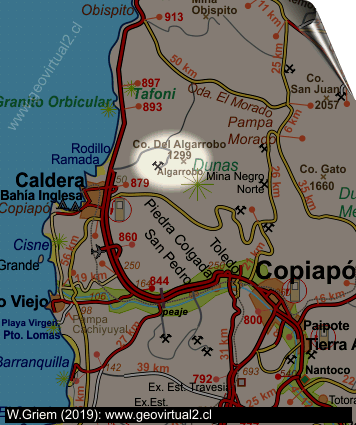 Mapa de la ubicación de las minas Algarrobo cerca de Caldera, Atacama