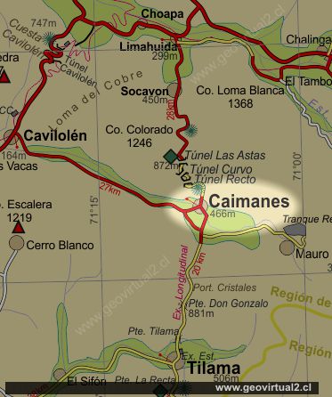 Mapa carretera: Caimanes en la Región de Coquimbo, Chile