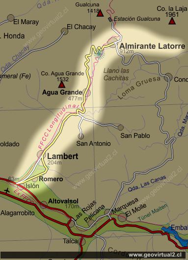 Mapa de la ruta a Almirante Latorre, Región de Coquimbo, Chile