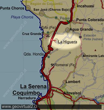 Mapa de Higuera en la Región de Coquimbo, Chile