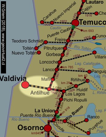 Mapa del sector puente Calle Calle cerca de Valdivia, Chile
