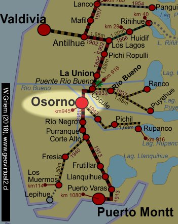Mapa del sector Osorno: ferrocarriles de Chile