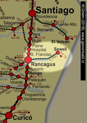 Mapa de la línea férrea a Sewell, Chile