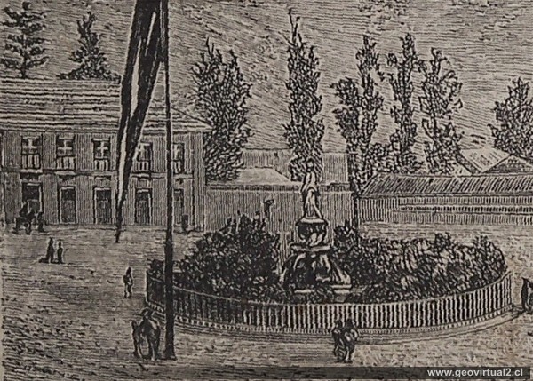 Detalle de la plaza de Copiapo: Municipalidad y pileta (Tornero, 1872)