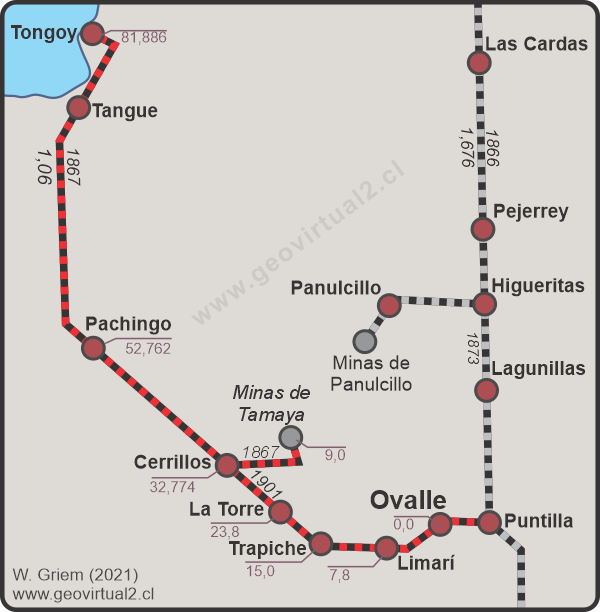 Mapa ferrocarril de Tongoy en el norte de Chile