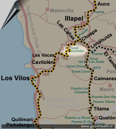 Mapa tunel Cavilolén, ferrocarril longitudinal de Chile