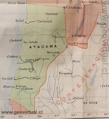 Historische Karte der Atacama Wüste von Bertrand (1885)