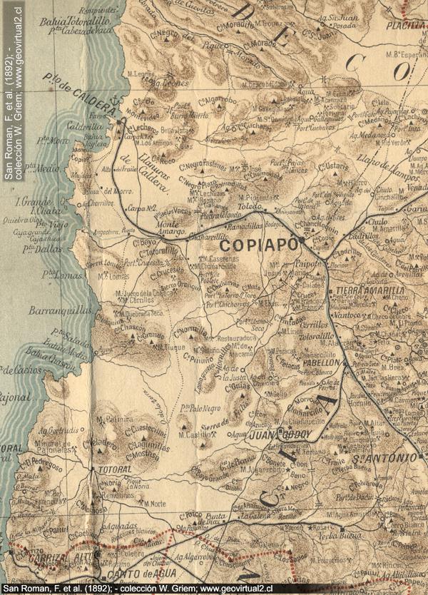 Mapa de San Román et al. de 1892 - parte Copiapó y alrededores
