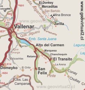 Strassenkarte des Huasco Tales in der Atacama REgion in Chile