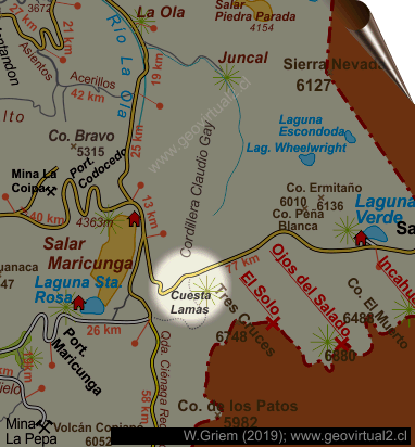 Karte, Lage vom Wasserfall Lama in den Anden von Atacama