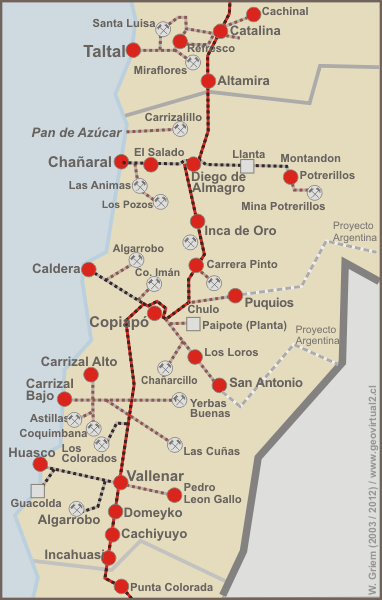 Karte der ehemaligen, historischen und aktuellen Eisenbahnlinien in der Atacama - Region, Chile