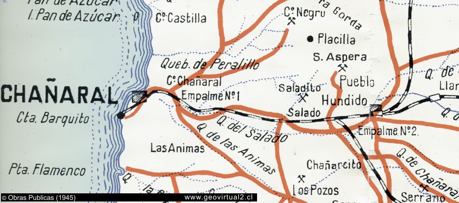 Mapa línea férrea de 1945: Chañaral a Diego de Almagro