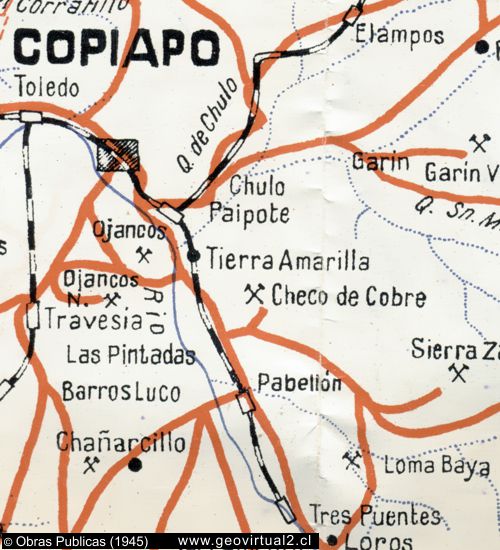 Mapa de las líneas ferreas Copiapo a Los Loros, Región de Atacama, Chile