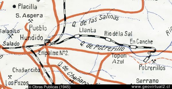 Mapa de 1945: Ferrocarril de Potrerillos a Pueblo Hundido