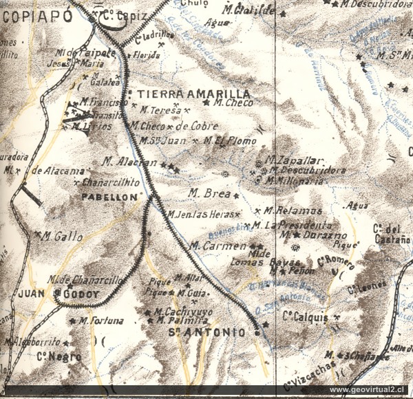 Riso 1906: Carta de la línea férrea entre Copiapó y Los Loros en Atacama (Chile)