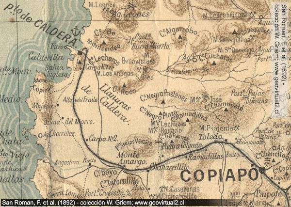 mapa de San Román, ferrocarril entre Caldera y Copiapó, Chile