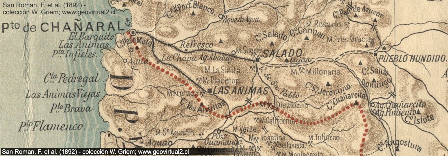 Mapa de la línea ferrea de Chañaral a Animas y Salado en la Región de Atacama, chile