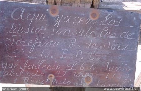 Letzte Tafel im Friedhof von Puquios, Chile