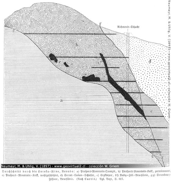 Perfil de la Eureka mina en Nevada (Neumayr & Uhlig, 1897)