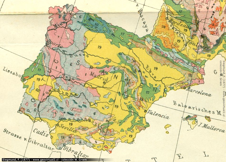 Geologische Karte von Spanien, Siegmund 1877