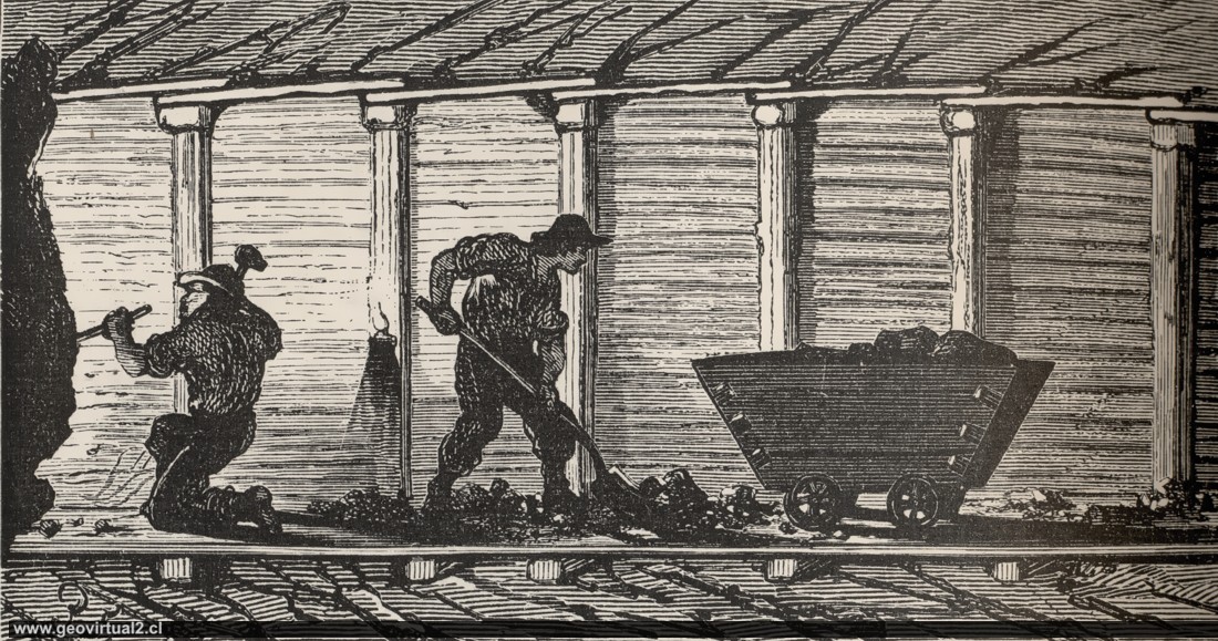 Strecke mit Holzverschalung und frontaler Abbau. (Simonin, 1869)