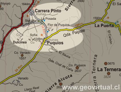 ubicación del sector Puquios - Carrera Pinto, en Atacama - Chile