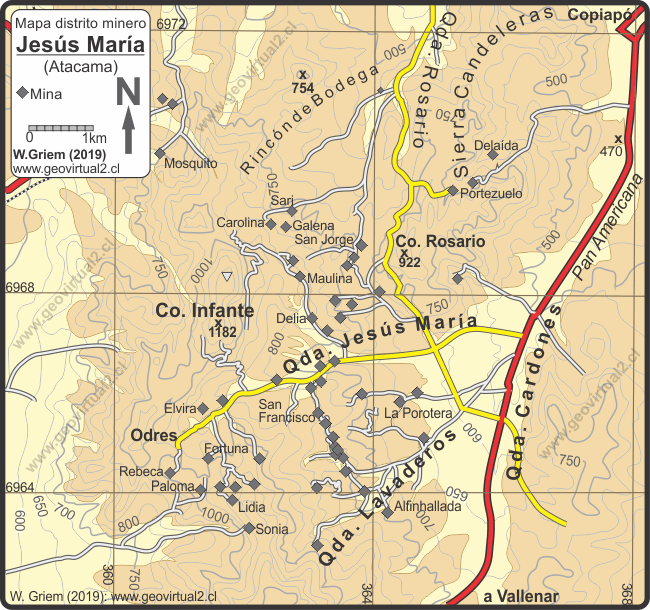 Mapa de Jesús María, distrito minero cerca de Copiapó, Chile - Atacama