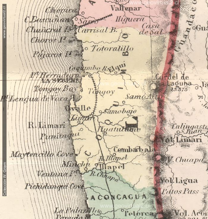 mapa de Hunter 1866 parte región de Coquimbo, Chile