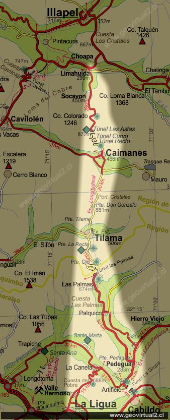mapa del trayecto longitudinal histórico entre La Ligua y Limahuida, Chile