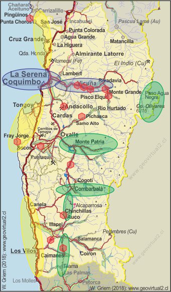 Mapa de regiones turísticas en la Región de Coquimbo, Chile